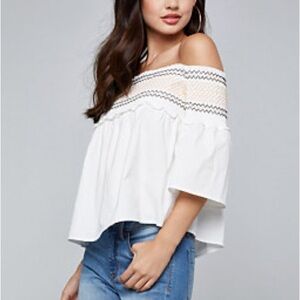 White Embroidered Smocked Off-Shoulder Top